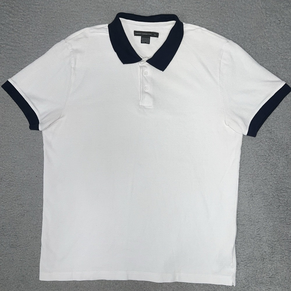 French Connection Textured Shirt Men's XL White Black Trim Polo Pique Knit FCUK